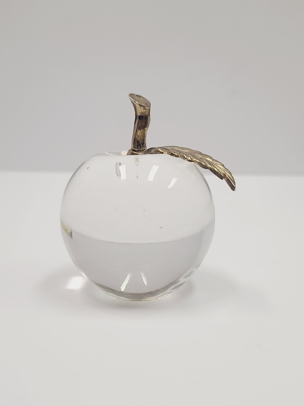 Decorative Clear Glass Apple with Brass Stem and Leaf